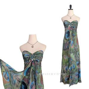 Vintage Jovani Prom Dress Maxi Gown 2 Silk Y2K Peacock Babydoll Formal Guest